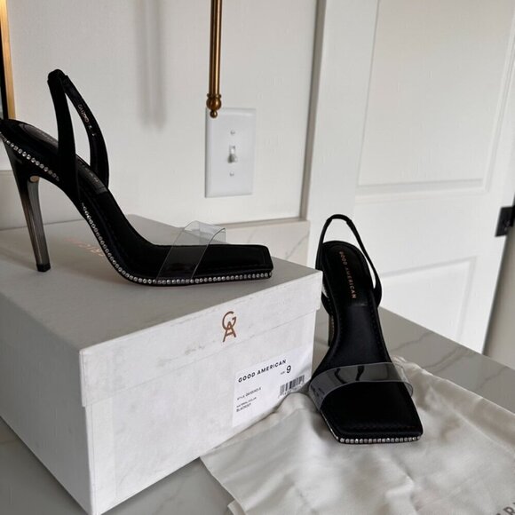 Good American Crystal Crush Lucite Satin Rhinestones Stilletto Heels SZ 9 - Picture 10 of 10